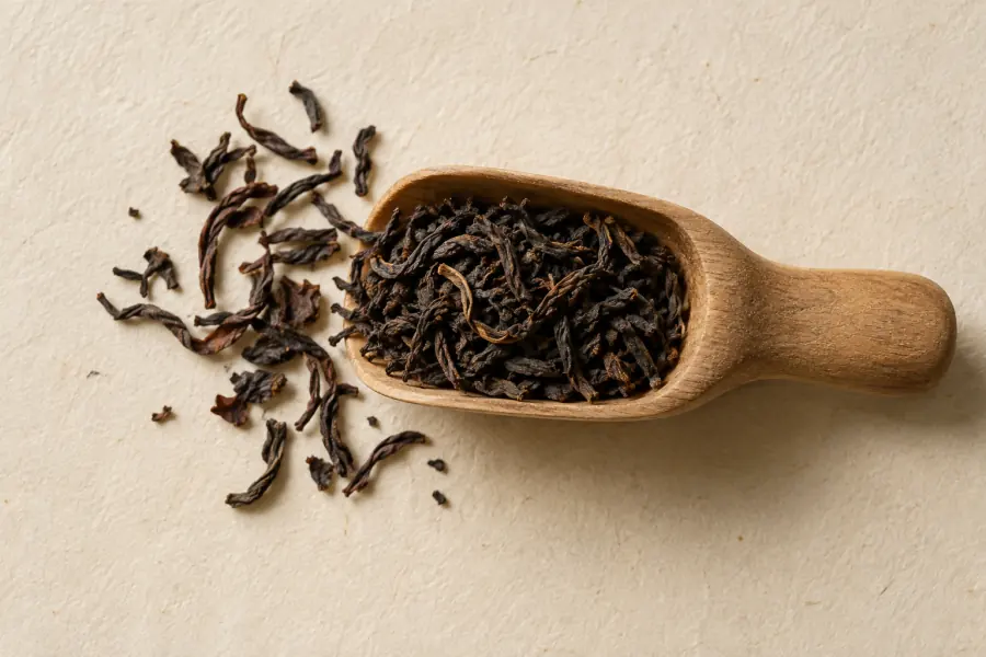 木の茶さじにのった茶葉